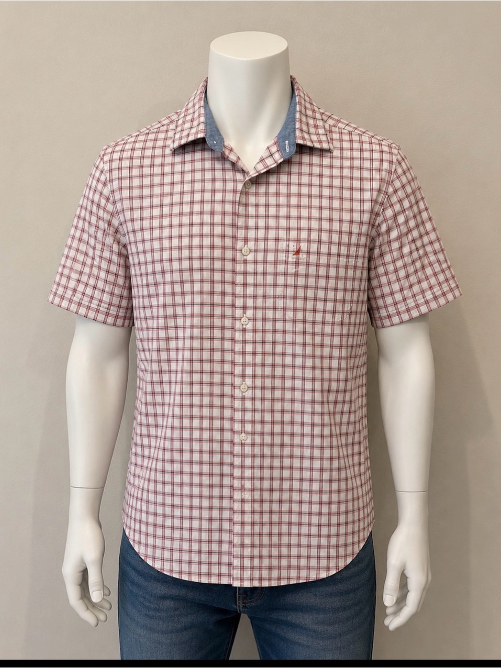 Nautica Men's Red orange and White Plaid Shirt. Size medium. EUC.